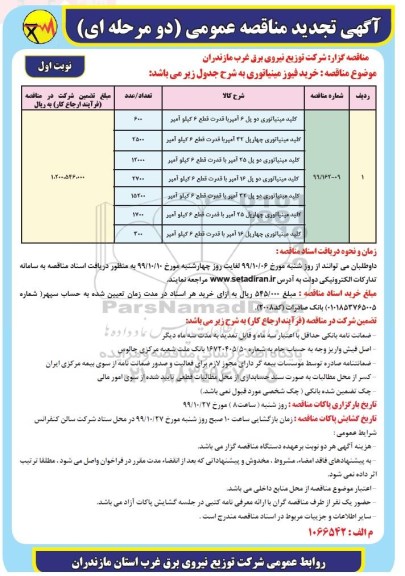 تجدید مناقصه ، تجدید مناقصه خرید انواع فیوز مینیاتوری