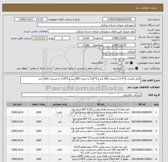 استعلام کابل افشان 2*2.4 به میزان 500 متر و 2*2.5 به میزان 500 متر و 2*2.6 به مسزان 1000 متر