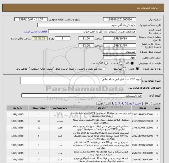 استعلام خرید 232 عدد ابزار فنی ساختمانی