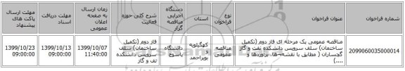 مناقصه عمومی یک مرحله ای فاز دوم (تکمیل ساختمان) سلف سرویس دانشکده نفت و گاز گچساران ( مطابق با نقشه¬ها، برآوردها و ....) 