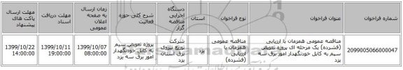 مناقصه عمومی همزمان با ارزیابی (فشرده) یک مرحله ای پروژه تعویض سیم به کابل خودنگهدار امور برق سه یزد