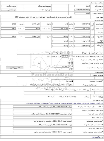 آگهی مزایده عمومی فروش ششدانگ مغازه شهرداری واقع در طبقه اول بازارچه مرزی پلاک 6983