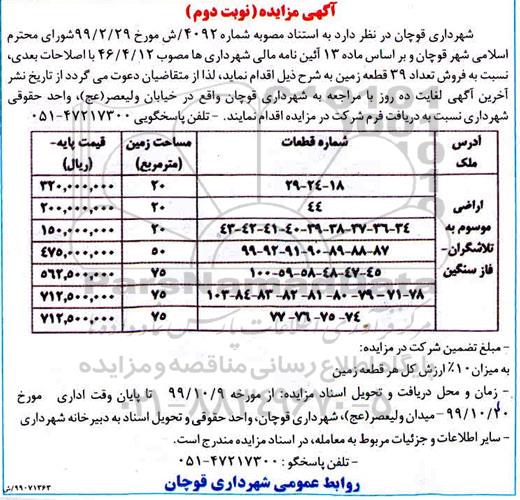 مزایده، مزایده فروش تعداد 39 قطعه زمین نوبت دوم 