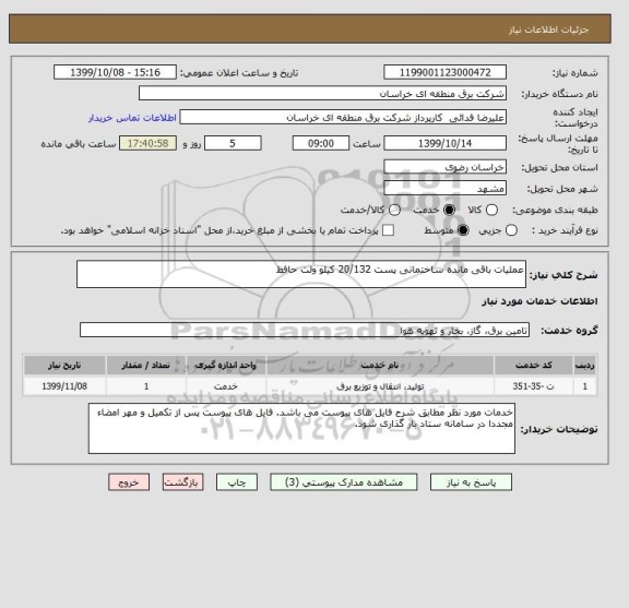 استعلام عملیات باقی مانده ساختمانی پست 20/132 کیلو ولت حافظ