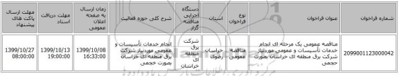 مناقصه عمومی یک مرحله ای انجام خدمات تأسیسات و عمومی موردنیاز شرکت برق منطقه ای خراسان بصورت حجمی