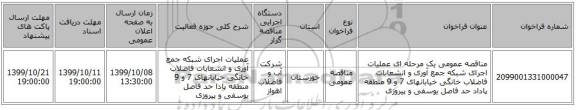 مناقصه عمومی یک مرحله ای عملیات اجرای شبکه جمع آوری و انشعابات فاضلاب خانگی خیابانهای 7 و 9 منطقه پاداد حد فاصل یوسفی و پیروزی