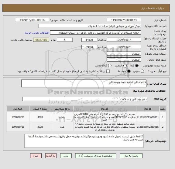 استعلام فیلتر دیالیز تصفیه خون وپودردیالیز