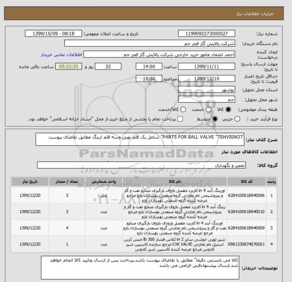 استعلام PARTS FOR BALL VALVE "TEHVIGNOT" شامل یک قلم توپی وسه قلم ارینگ مطابق تقاضای پیوست