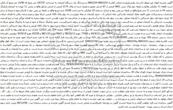 آگهی مزایده ششدانگ یک دستگاه آپارتمان به مساحت 187/57 متر مربع 