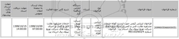 فراخوان ارزیابی کیفی جهت لیست کوتاه خدمات مشاوره نظارت فنی و کمی بر اجرای پروژه های شرکت توزیع نیروی برق استان یزد - فراخوان شماره 99/103/603/4