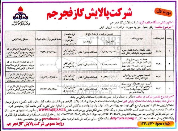 مناقصه , مناقصه حفظ و نگهداری، ایجاد فضای سبز و تنظیف محوطه پالایشگاه و اماکن تابعه  ...