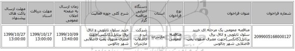 مناقصه عمومی یک مرحله ای خرید سلول تابلویی و اتاق برق پرتابل(کانکس)جهت مصرف منهول پمپ فاضلابی شهر چالوس