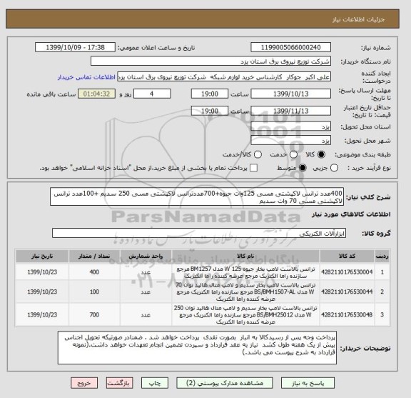 استعلام 400عدد ترانس لاکپشتی مسی 125وات جیوه+700عددترانس لاکپشتی مسی 250 سدیم +100عدد ترانس لاکپشتی مسی 70 وات سدیم 