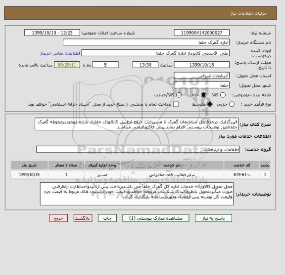 استعلام فیبرگذاری درحدفاصل ساختمان گمرک تا مسیردرب خروج ازطریق کانالهای حفاری شده موجوددرمحوطه گمرک جلفاطبق توضیحات پیوستی اقدام نماید.پیش فاکتورالزامی میباشد