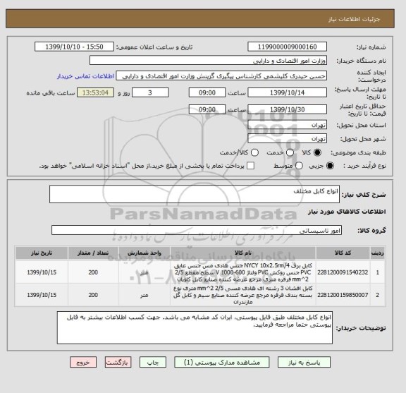 استعلام انواع کابل مختلف