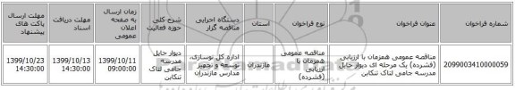 مناقصه عمومی همزمان با ارزیابی (فشرده) یک مرحله ای دیوار حایل مدرسه جامی لتاک تنکابن