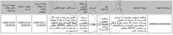 مناقصه عمومی همزمان با ارزیابی (فشرده) یک مرحله ای تکمیل روسازی خیابان 24 متری زون 2 از فاز 4 منطقه ویژه اقتصادی پیام به روش بتن غلتکی (RCCP) مطابق مشخصات فنی