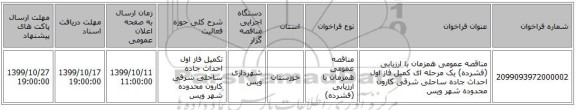 مناقصه عمومی همزمان با ارزیابی (فشرده) یک مرحله ای کمیل فاز اول احداث جاده ساحلی شرقی کارون محدوده شهر ویس 