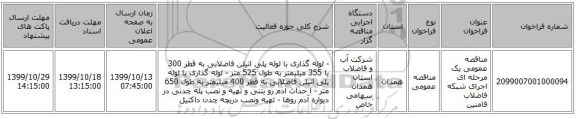 مناقصه عمومی یک مرحله ای اجرای شبکه فاضلاب فامنین