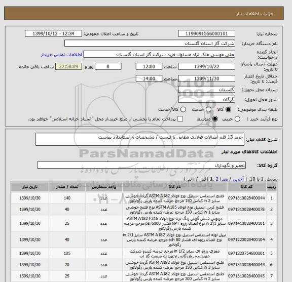 استعلام خرید 13 قلم اتصالات فولادی مطابق با لیست / مشخصات و استاندارد پیوست