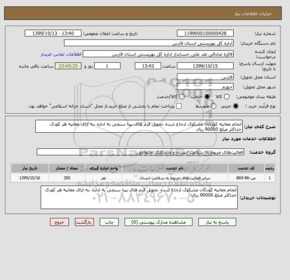 استعلام انجام معانیه کودکان مشکوک ارجاع شده ،تحویل فرم های بینا سنجی به اداره ،به ازای معانیه هر کودک حداکثر مبلغ 90000 ریال 