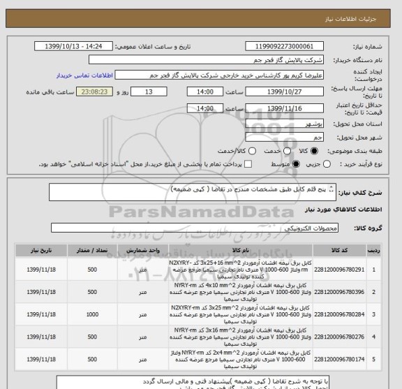 استعلام پنج قلم کابل طبق مشخصات مندرج در تقاضا ( کپی ضمیمه) , سامانه ستاد