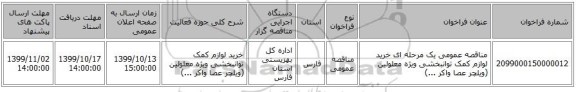 مناقصه عمومی یک مرحله ای خرید لوازم کمک توانبخشی ویژه معلولین (ویلچر عصا واکر ...)