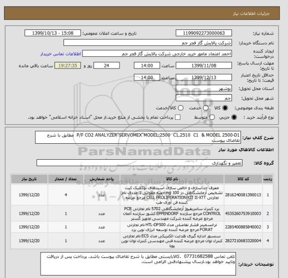 استعلام P/F CO2 ANALYZER"SERVOMEX"MODEL:2500  C1,2510  C1  & MODEL 2500-D1  مطابق با شرح تقاضای پیوست