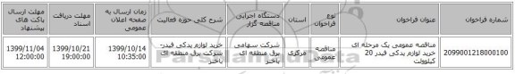 مناقصه عمومی یک مرحله ای خرید لوازم یدکی فیدر 20 کیلوولت 