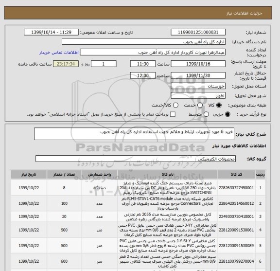 استعلام خرید 6 مورد تجهیزات ارتباط و علائم جهت استفاده اداره کل راه آهن جنوب