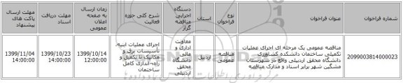 مناقصه عمومی یک مرحله ای اجرای عملیات تکمیلی ساختمان دانشکده کشاورزی دانشگاه محقق اردبیلی واقع در شهرستان مشگین شهر برابر اسناد و مدارک مناقصه 