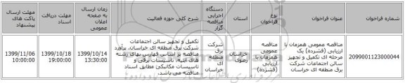 مناقصه عمومی همزمان با ارزیابی (فشرده) یک مرحله ای تکمیل و تجهیز سالن اجتماعات شرکت برق منطقه ای خراسان