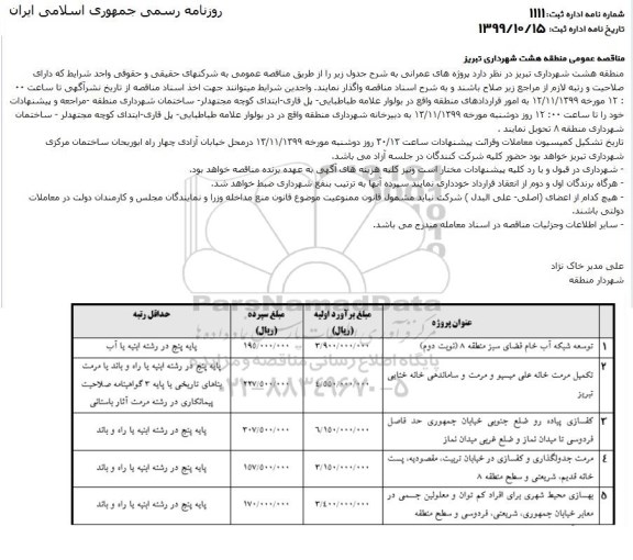 مناقصه توسعه شبکه آب خام فضای سبز ....