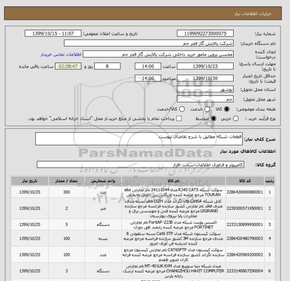 استعلام قطعات شبکه مطابق با شرح تقاضای پیوست 