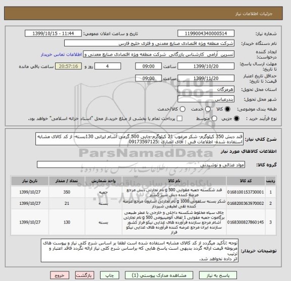 استعلام قند دبش 350 کیلوگرم- شکر مرغوب 21 کیلوگرم-چایی 500 گرمی آشام ایرانی 130بسته- از کد کالای مشابه استفاده شده- اطلاعات فنی : آقای انصاری :09173597125