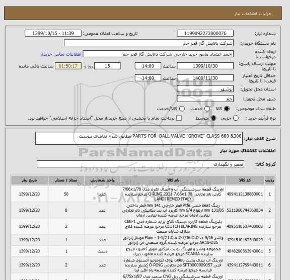 استعلام PARTS FOR  BALL VALVE "GROVE" CLASS 600 &300 مطابق شرح تقاضای پیوست