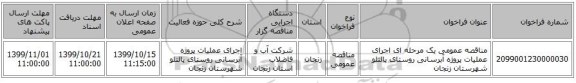 مناقصه عمومی یک مرحله ای اجرای عملیات پروژه آبرسانی روستای پالتلو شهرستان زنجان