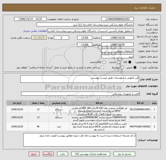 استعلام فن تابلویی و ترموستات طبق لیست پیوستی