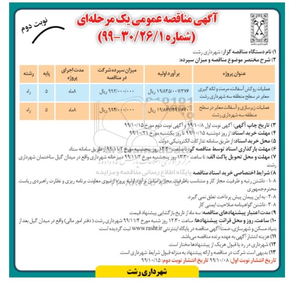 آگهی مناقصه عمومی , مناقصه عملیات روکش آسفالت مرمت و لکه گیری معابر در سطح منطقه سه  و...نوبت دوم 