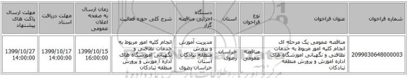 مناقصه عمومی یک مرحله ای انجام کلیه امور مربوط به خدمات نظافتی و نگهبانی اموزشگاه های اداره اموزش و پرورش منطقه تبادکان