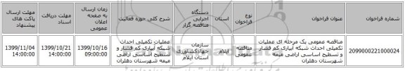 مناقصه عمومی یک مرحله ای عملیات تکمیلی احداث شبکه آبیاری کم فشار و تسطیح اساسی اراضی میمه شهرستان دهلران