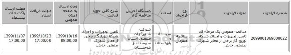 مناقصه عمومی یک مرحله ای تامین تجهیزات و اجرای شبکه توزیع گاز برخی از معابر شهرک صنعتی خاش