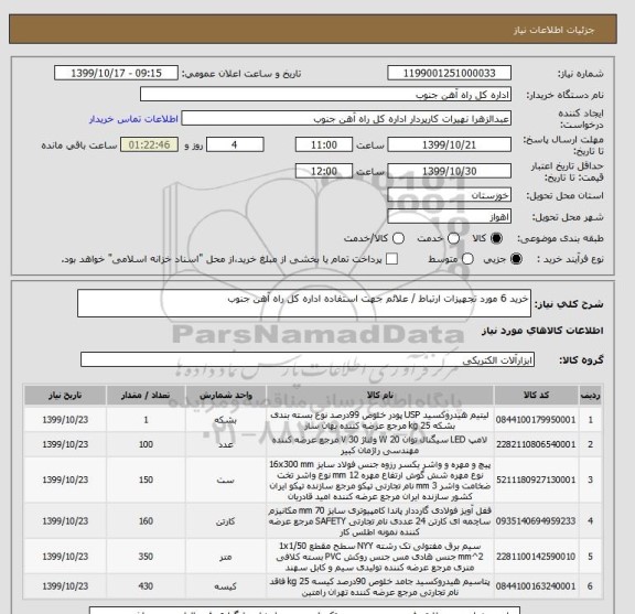 استعلام خرید 6 مورد تجهیزات ارتباط / علائم جهت استفاده اداره کل راه آهن جنوب