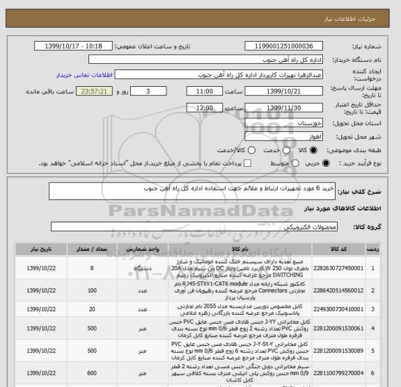 استعلام خرید 6 مورد تجهیزات ارتباط و علائم جهت استفاده اداره کل راه آهن جنوب