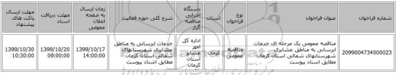 مناقصه عمومی یک مرحله ای خدمات ابرسانی به مناطق عشایری شهرستانهای شمالی استان کرمان مطابق اسناد پیوست 