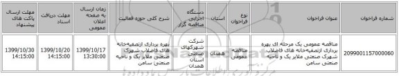 مناقصه عمومی یک مرحله ای بهره‌ برداری‌ ازتصفیه‌خانه های‌ فاضلاب شهرک صنعتی ملایر یک و ناحیه صنعتی سامن