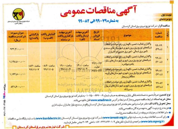 مناقصات واگذاری فعالیت تعمیر نگهداری رفع حوادث 