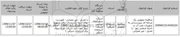 مناقصه عمومی یک مرحله ای نیرو رسانی به تجهیزات پمپ آب در ناحیه صنعتی زنوز - با تعدیل - غیر عمرانی