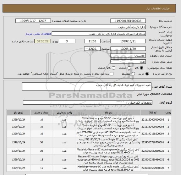 استعلام خرید تجهیزات فیبر نوری اداره کل راه آهن جنوب