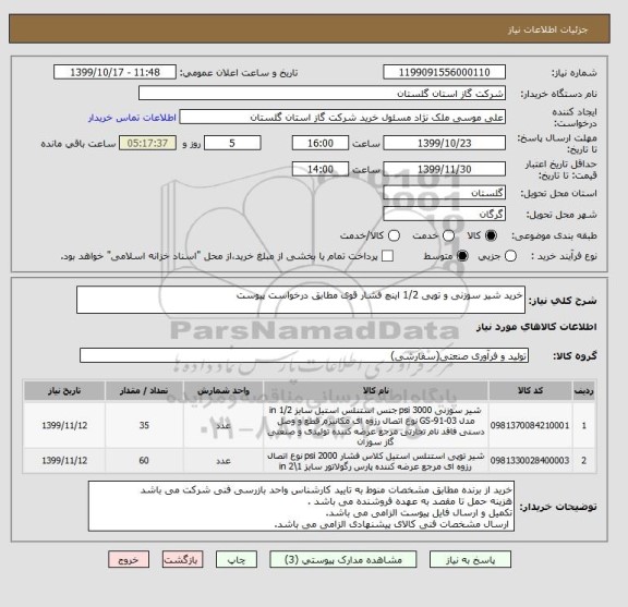 استعلام خرید شیر سوزنی و توپی 1/2 اینچ فشار قوی مطابق درخواست پیوست